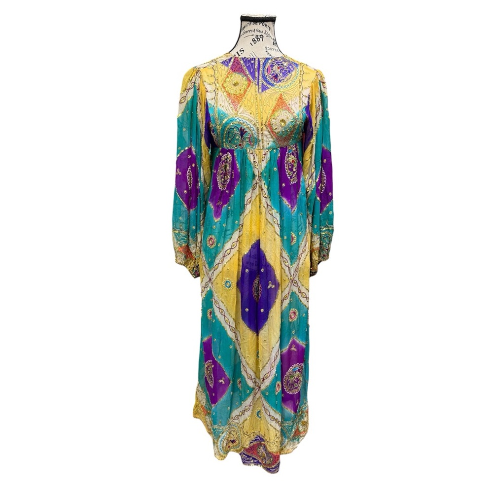 Vintage Boho Empire Waist Maxi Dress | Colorful Paisley Geometric Print